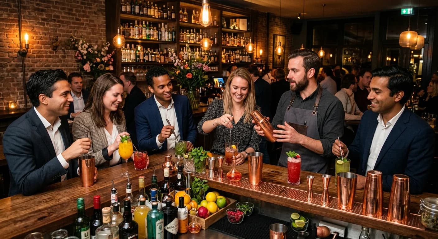 Team mixing cocktails at a workshop in Amsterdam