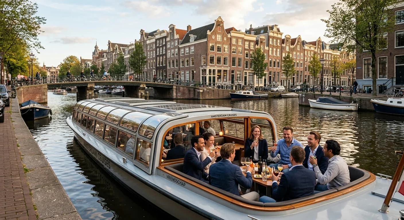 Team canal boat tour through the UNESCO canal ring in Amsterdam