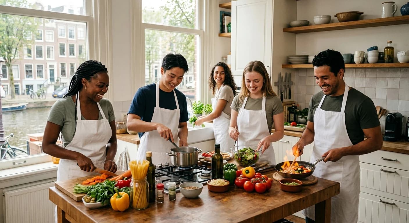 Team cooking class in a professional Amsterdam kitchen