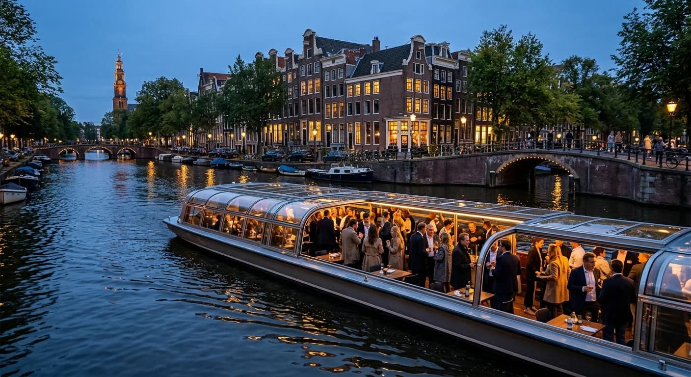 Event boat on the Amsterdam canals at sunset