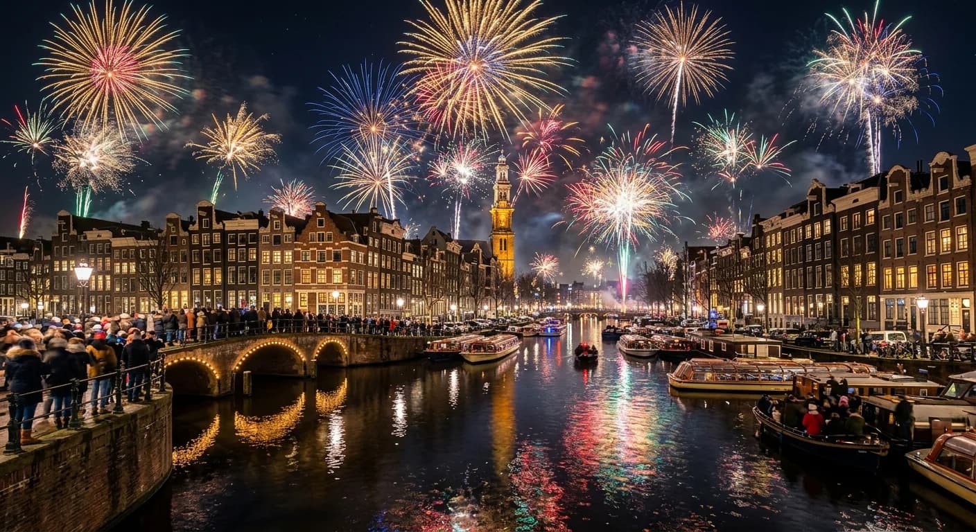 New Year fireworks over the Amsterdam canals