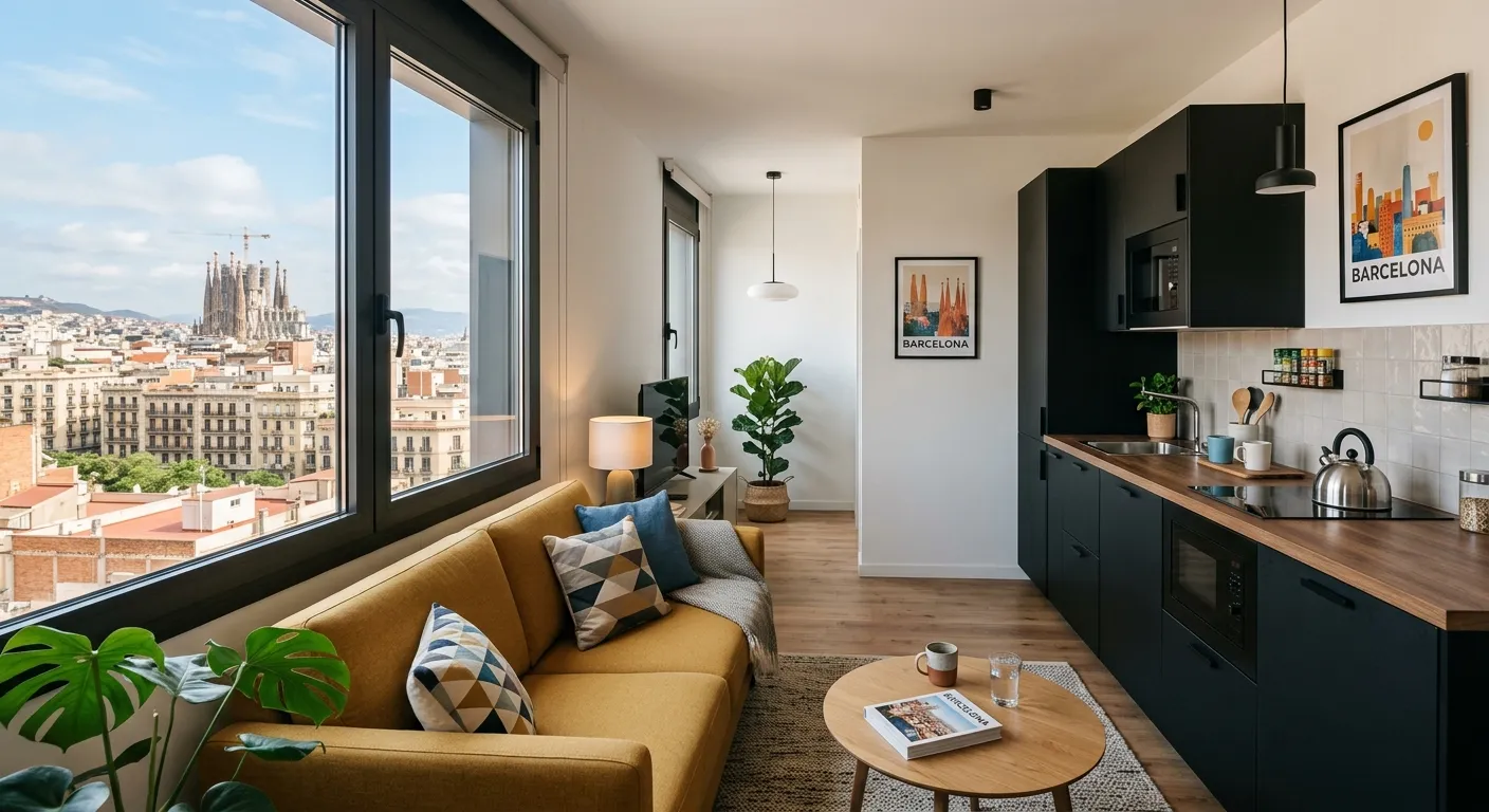 Modern aparthotel interior in Barcelona with kitchenette for corporate team stays