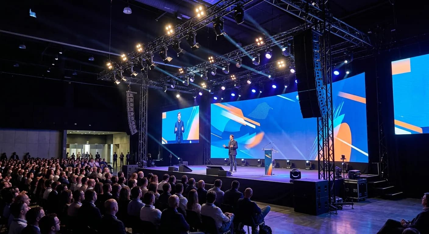 Professional AV setup with screens and lighting at a corporate conference in Barcelona