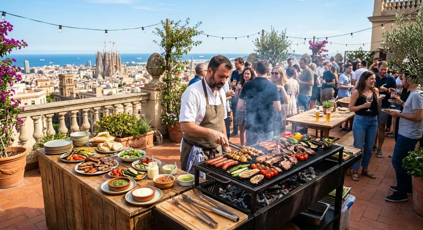 Mediterranean BBQ grill setup at an outdoor corporate event in Barcelona