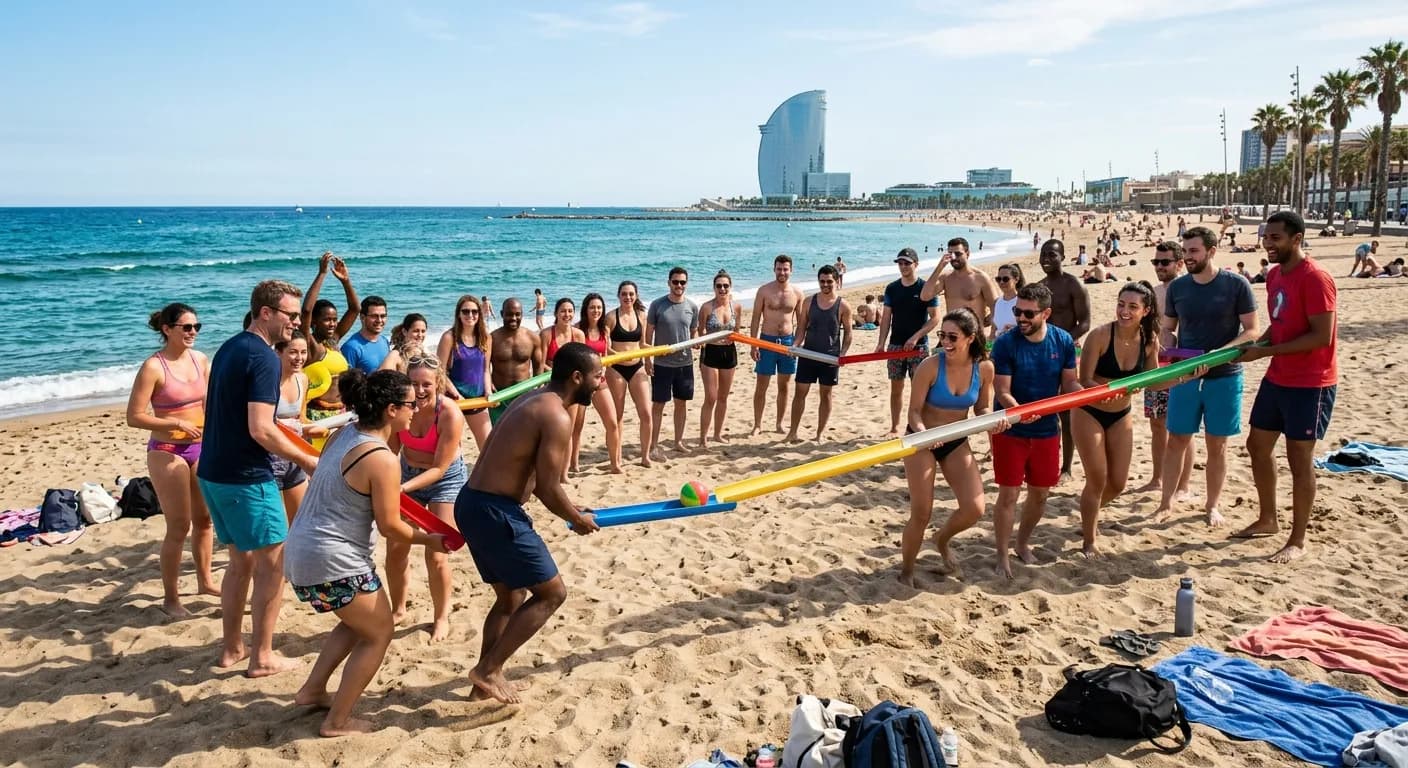 Corporate team building beach Olympics on Barceloneta beach Madrid