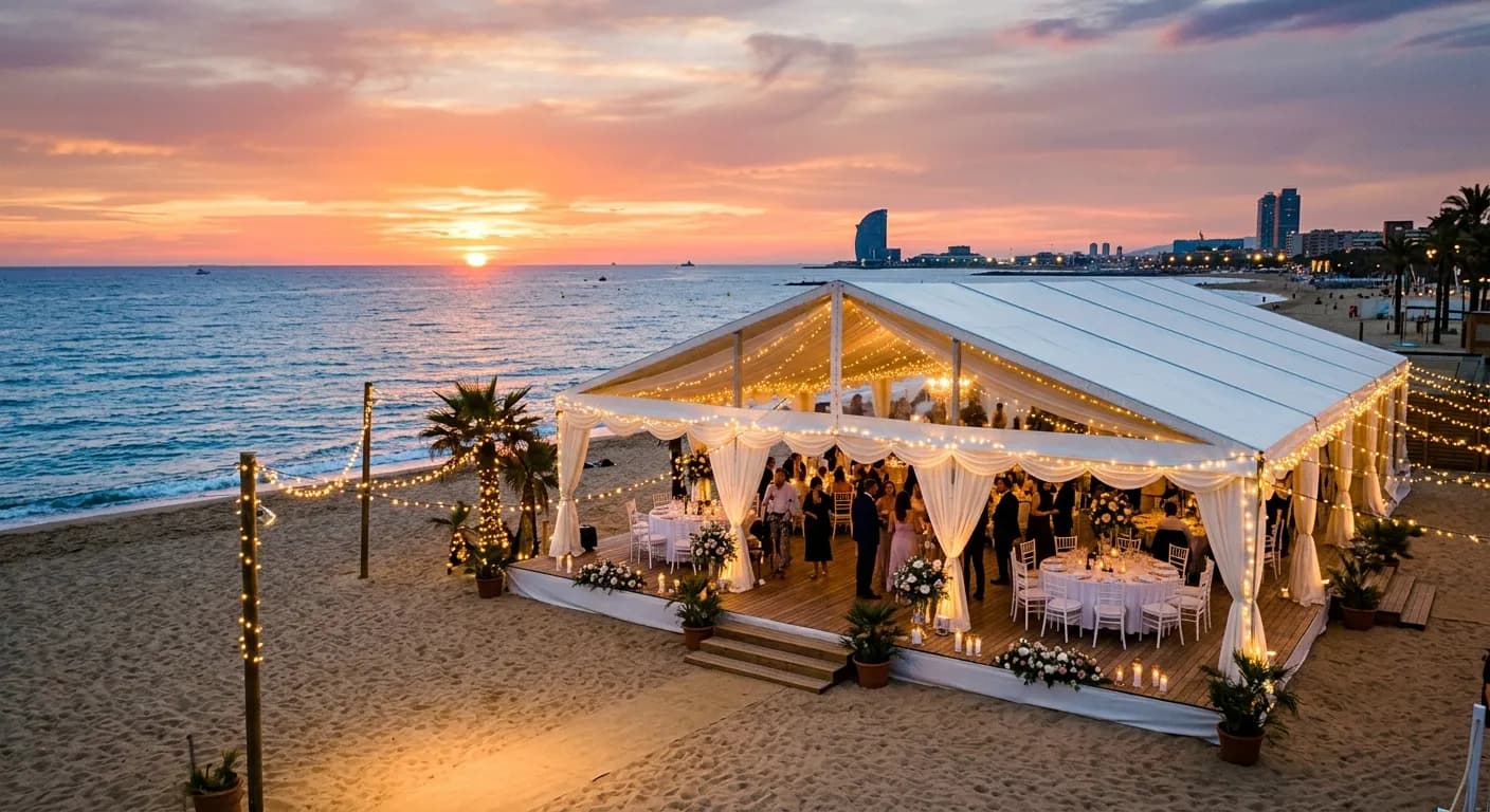 Beach club event venue on Barceloneta waterfront in Madrid with Mediterranean views