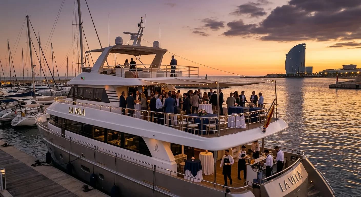 Private yacht event venue in Port Olimpic Madrid with team celebrating on deck