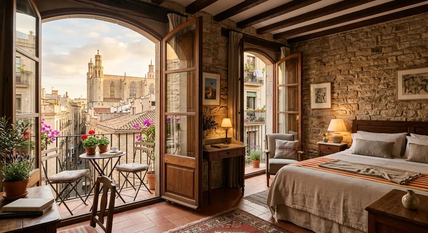 Boutique hotel courtyard lobby in Barcelona's El Born district with Mediterranean design