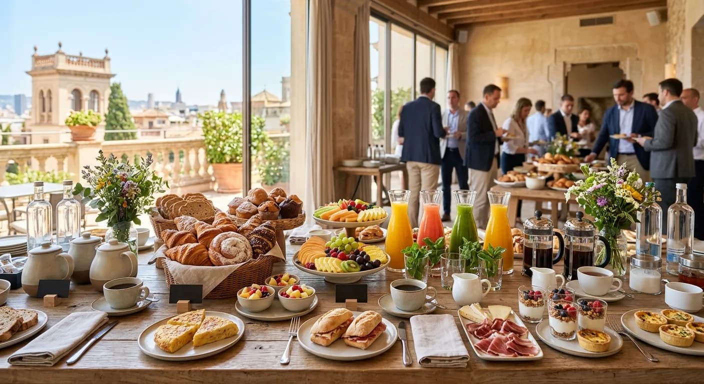 Mediterranean brunch catering spread with Catalan pastries at a corporate event in Madrid