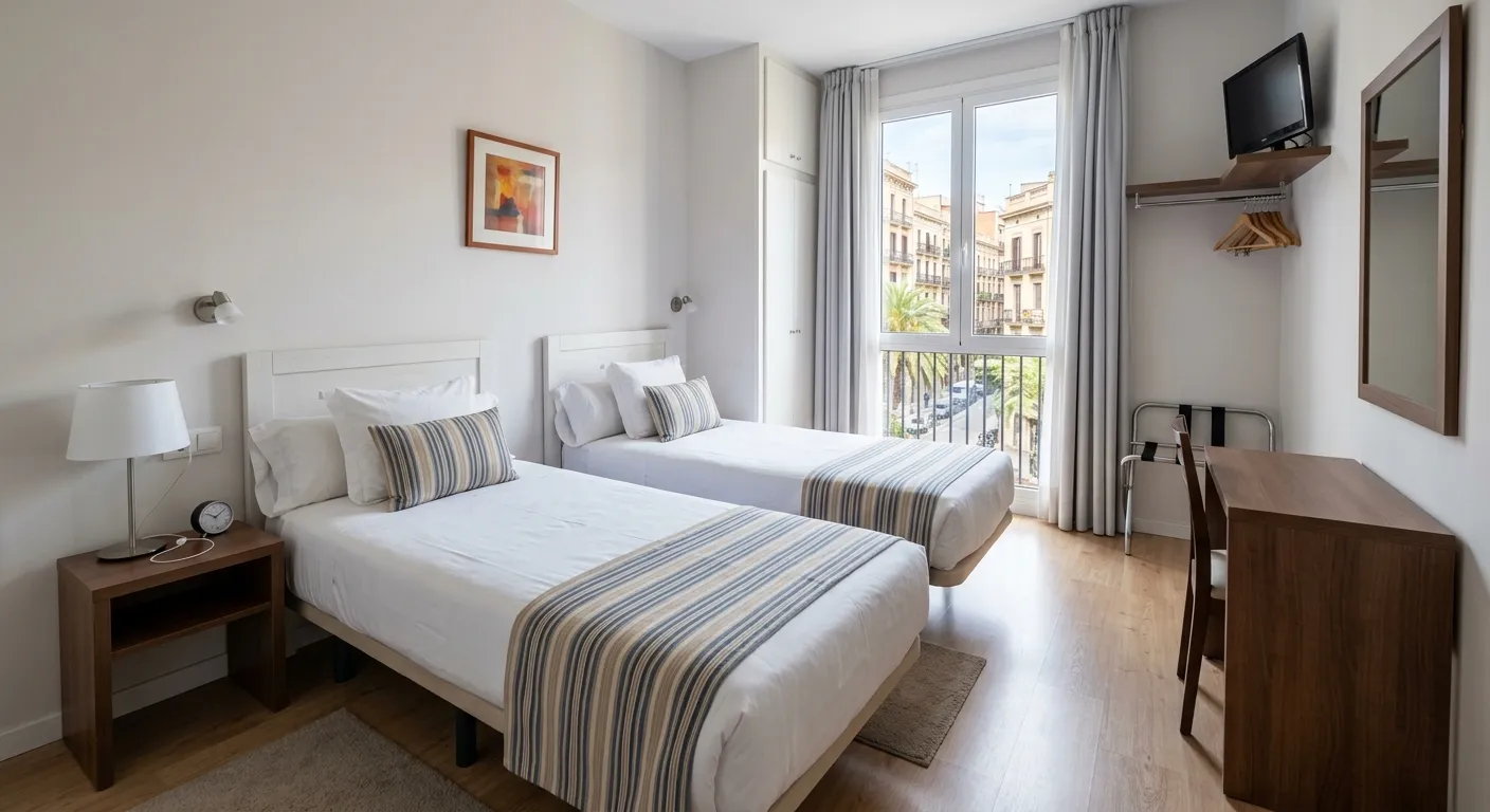 Clean modern budget hotel room in Barcelona for team group bookings