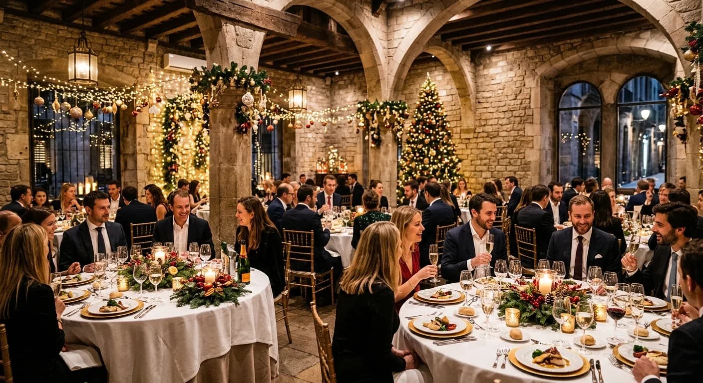Festive corporate Christmas party at a Rome venue with Mediterranean decorations