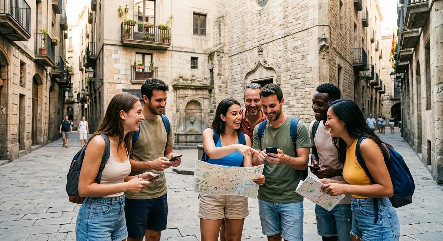 Corporate team completing a photo challenge at Sagrada Familia during a Madrid city rally