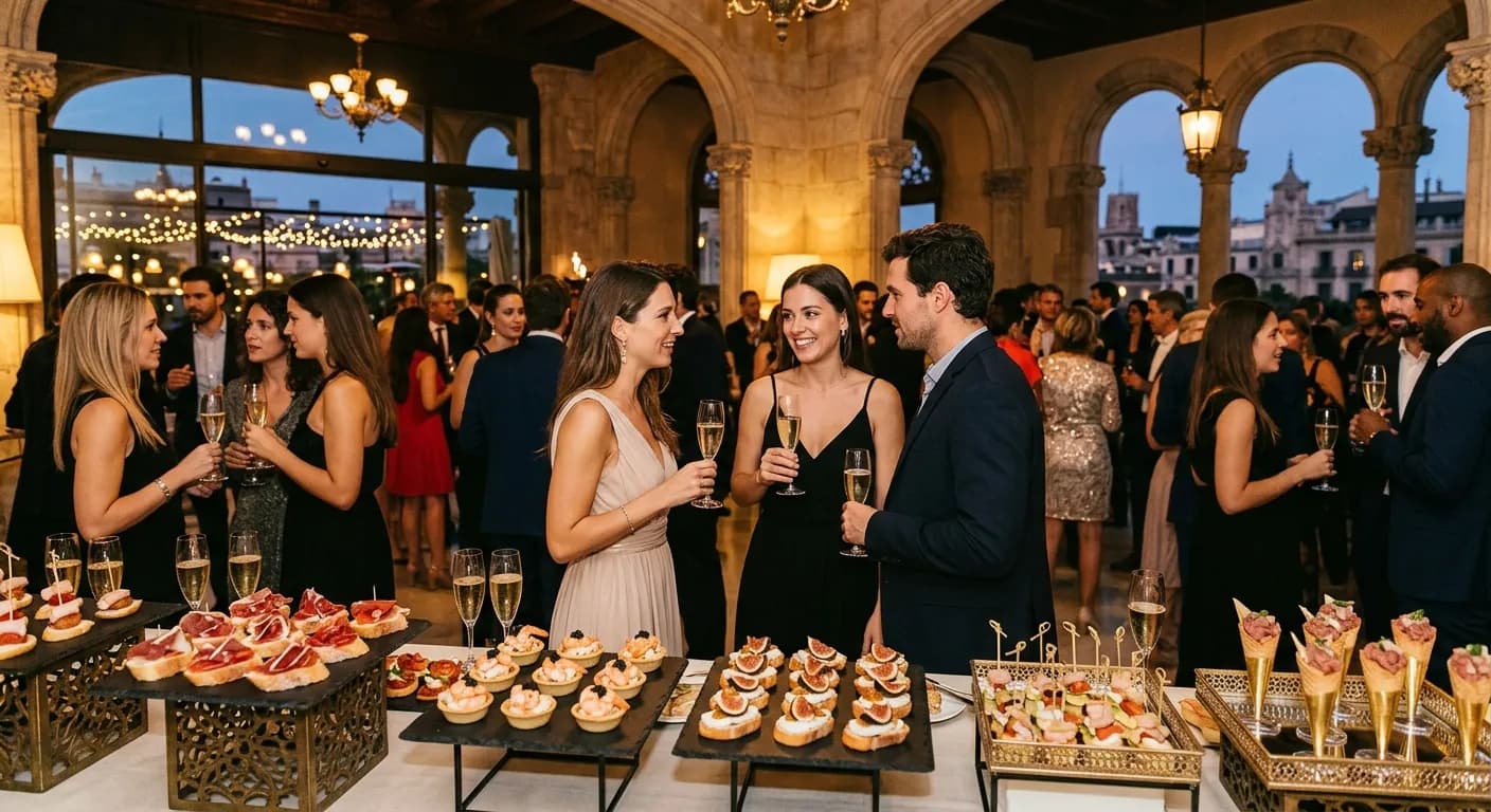 Elegant cocktail and fingerfood reception with cava at a corporate event in Madrid