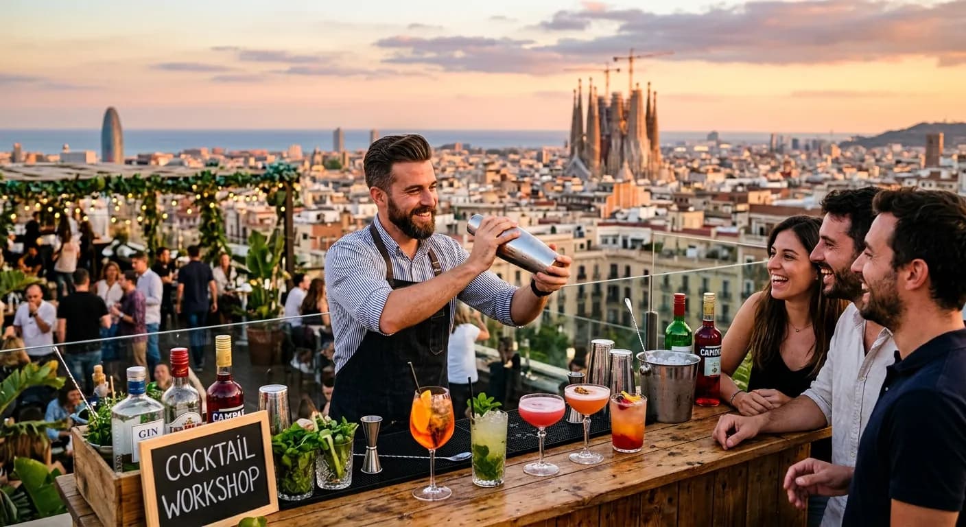 Corporate team mixing Spanish cocktails at a rooftop workshop in Madrid
