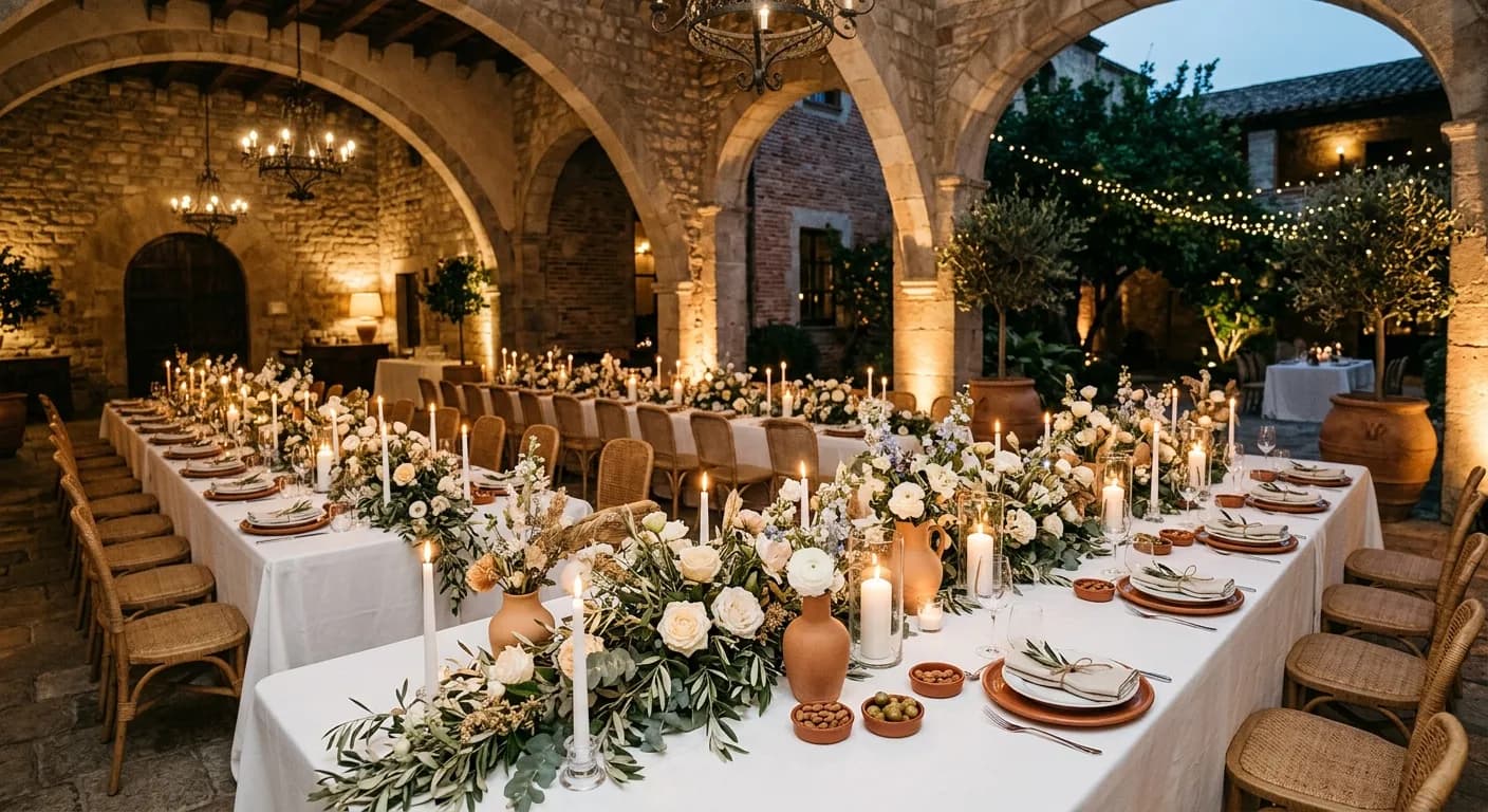 Mediterranean-styled event decoration with flowers at a corporate venue in Madrid