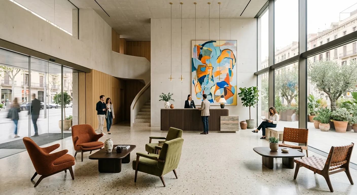 Design hotel rooftop bar in Barcelona with panoramic city and sea views