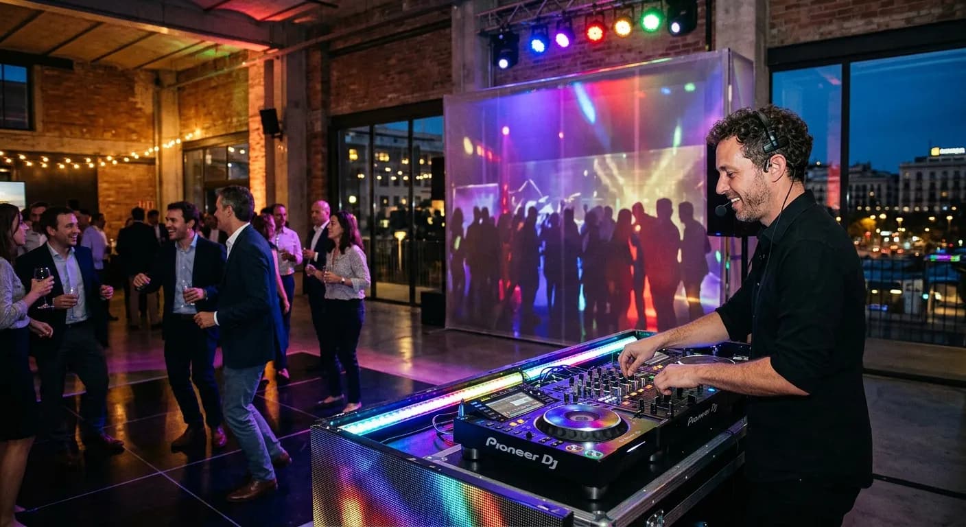 DJ performing at a corporate rooftop event in Barcelona at sunset