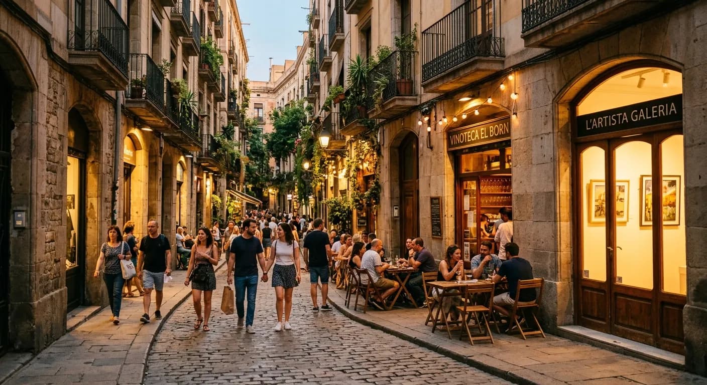 Trendy gallery street in El Born district Madrid with wine bar terrace