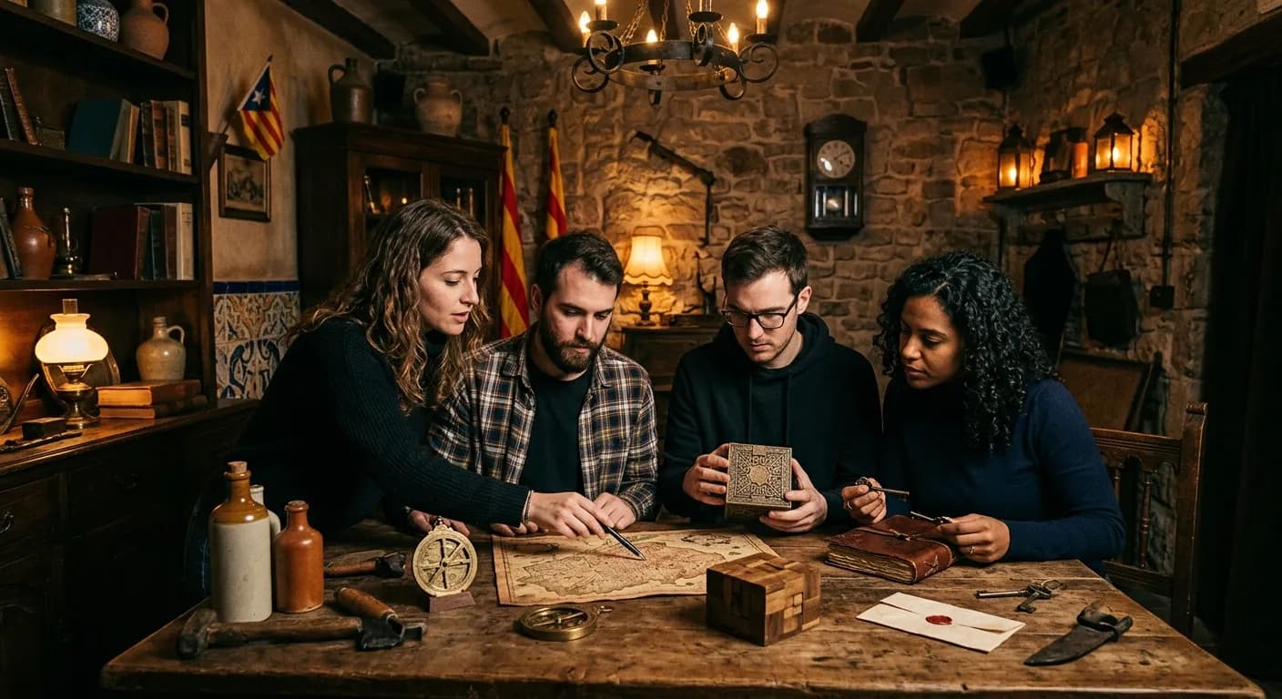 Corporate team solving puzzles in a Gaudi-themed escape room in Barcelona
