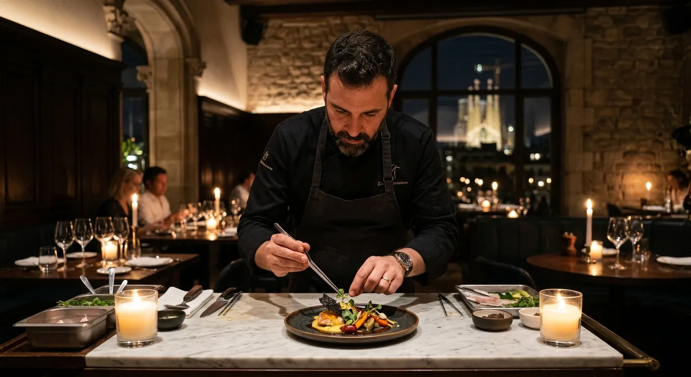 Private chef plating a Catalan gourmet dish at a corporate dinner in Madrid