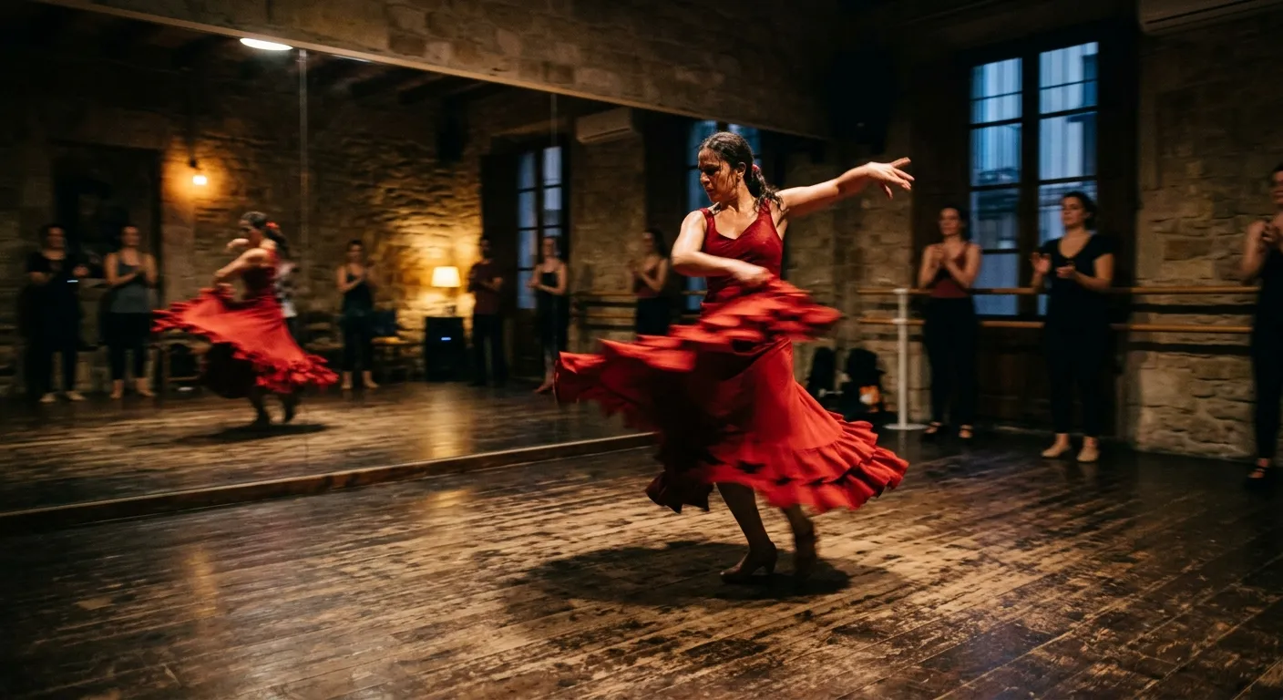 Corporate team learning flamenco dance moves at a workshop in Barcelona