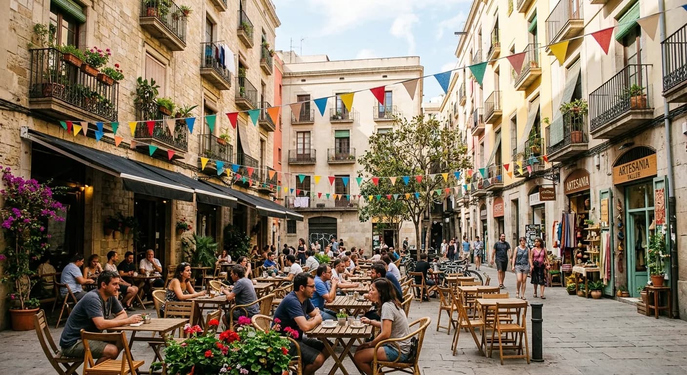Lively plaza in Gracia neighbourhood Madrid with artisan market and cafe terraces