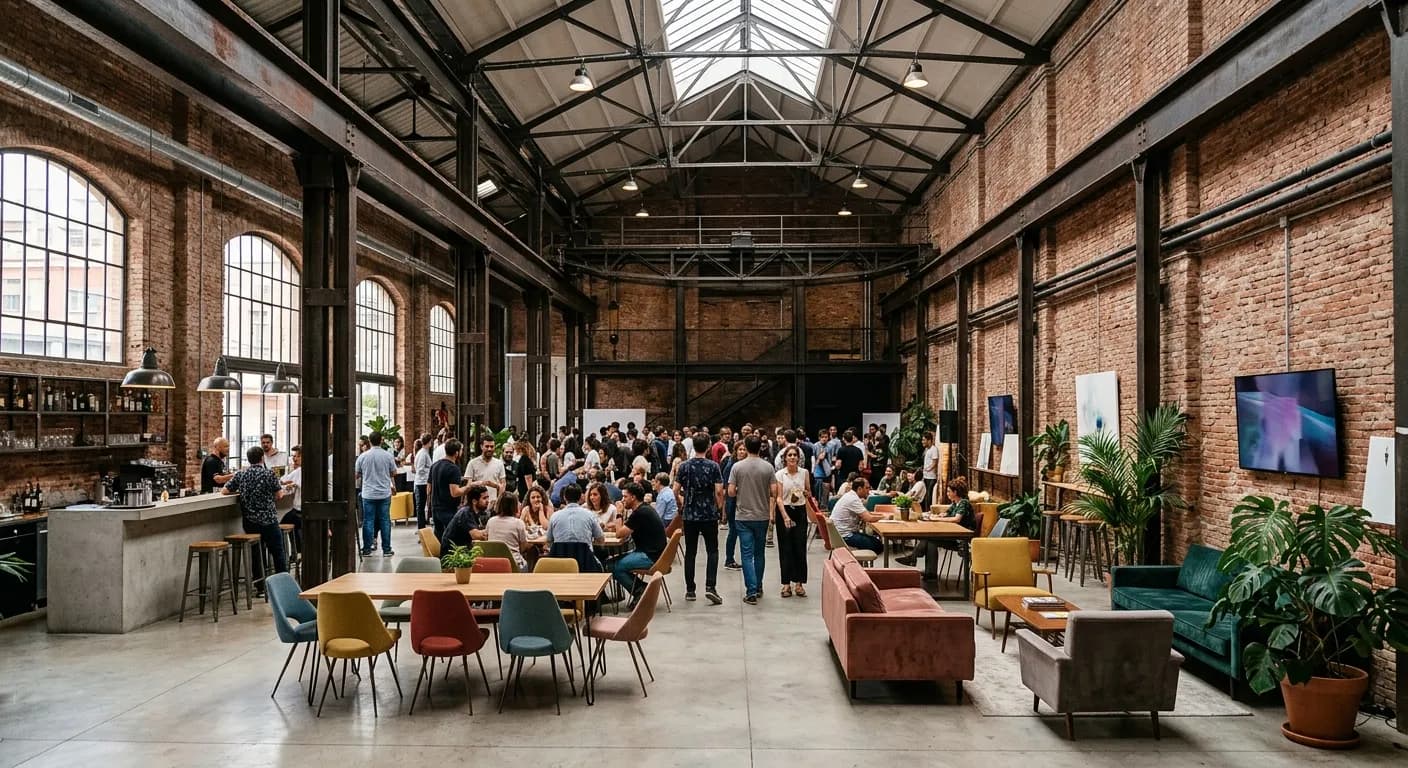 Industrial creative event space in Poblenou Barcelona with exposed brick and high ceilings