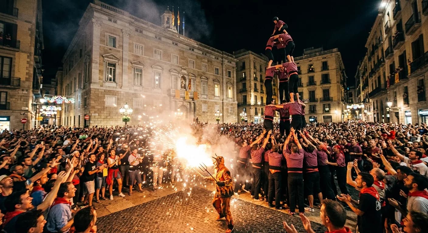 Castellers human tower at La Merce festival in Barcelona with team spectators