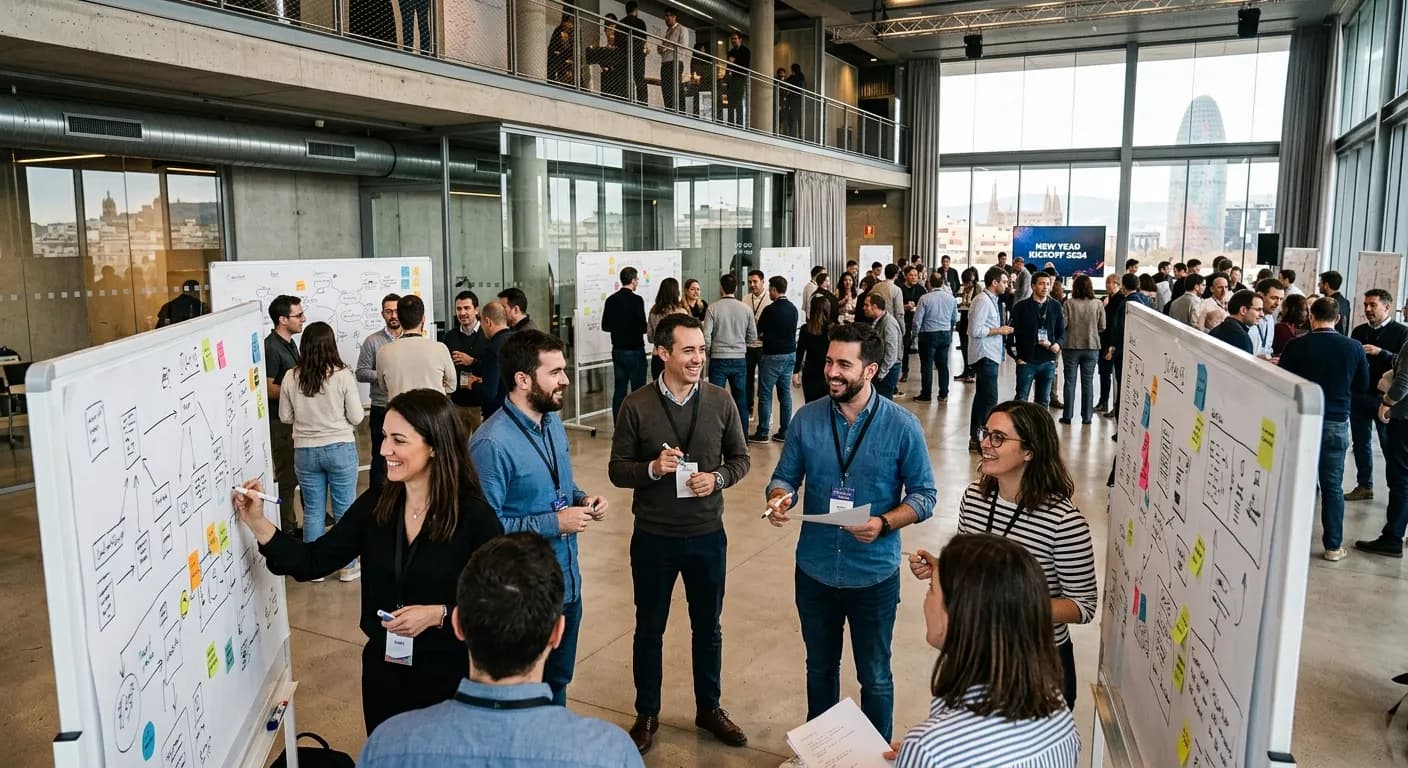 Corporate team new year kickoff workshop in a Barcelona creative space