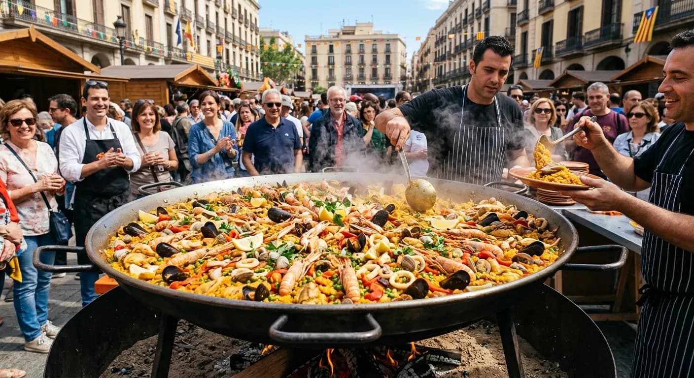 Giant paella pan being cooked live at a corporate event in Barcelona
