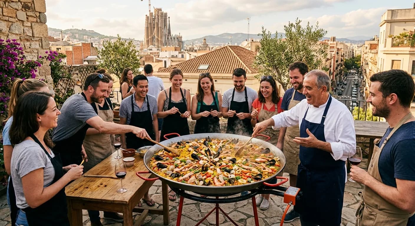 Corporate team cooking paella in a Barcelona beachside workshop with a professional chef