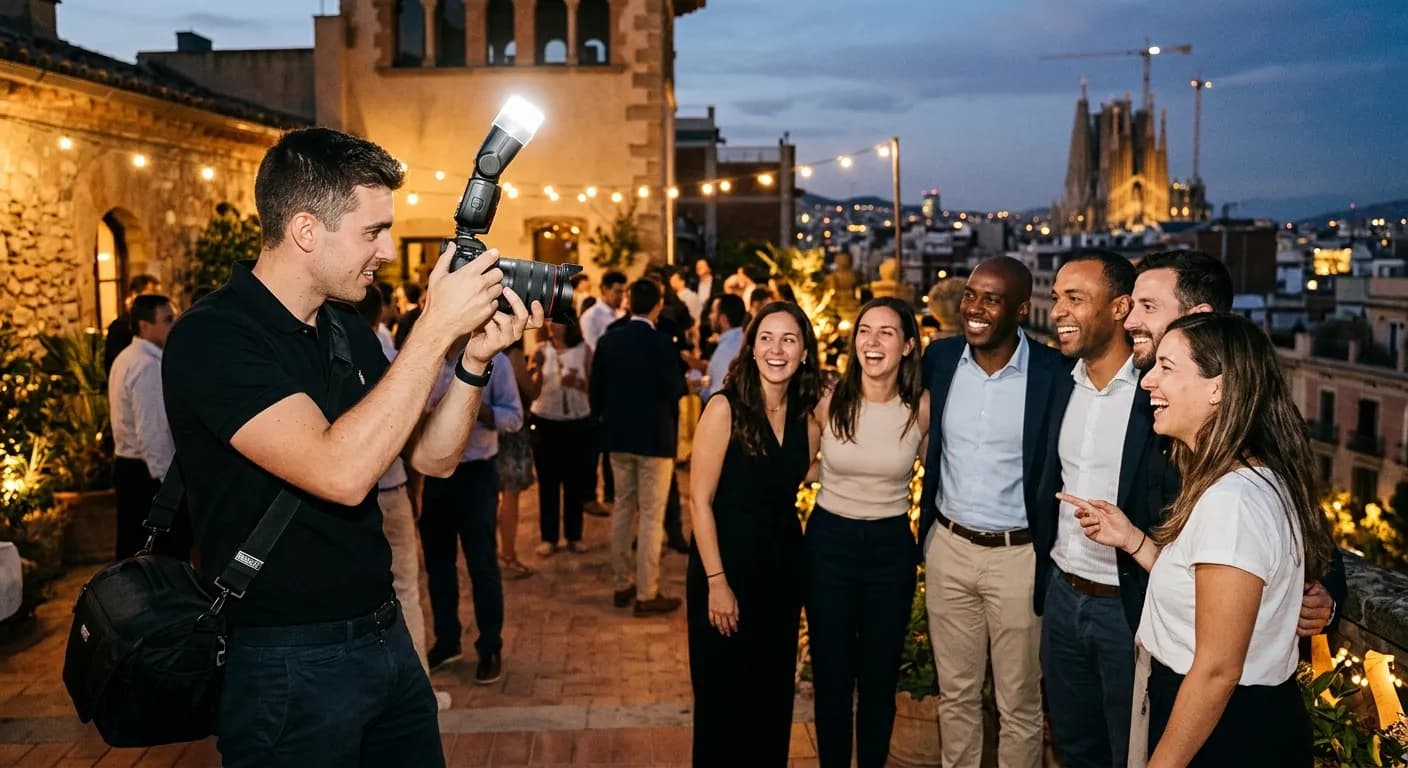 Professional photographer capturing a corporate team event in Barcelona