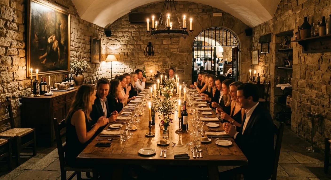 Private dining room in a Rome restaurant with vaulted stone ceiling set for a corporate dinner