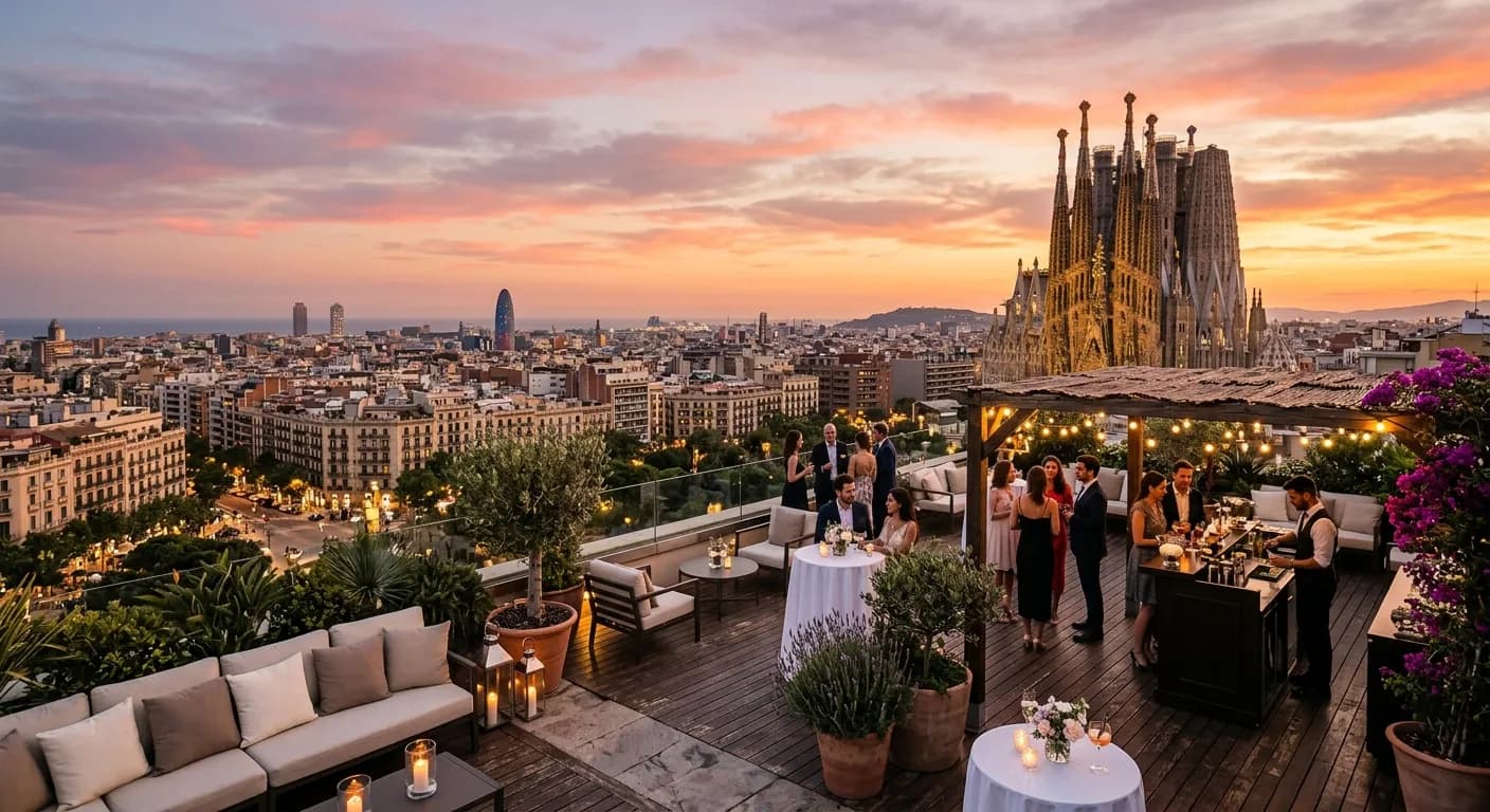 Rooftop terrace event venue in Madrid with Mediterranean skyline view at sunset