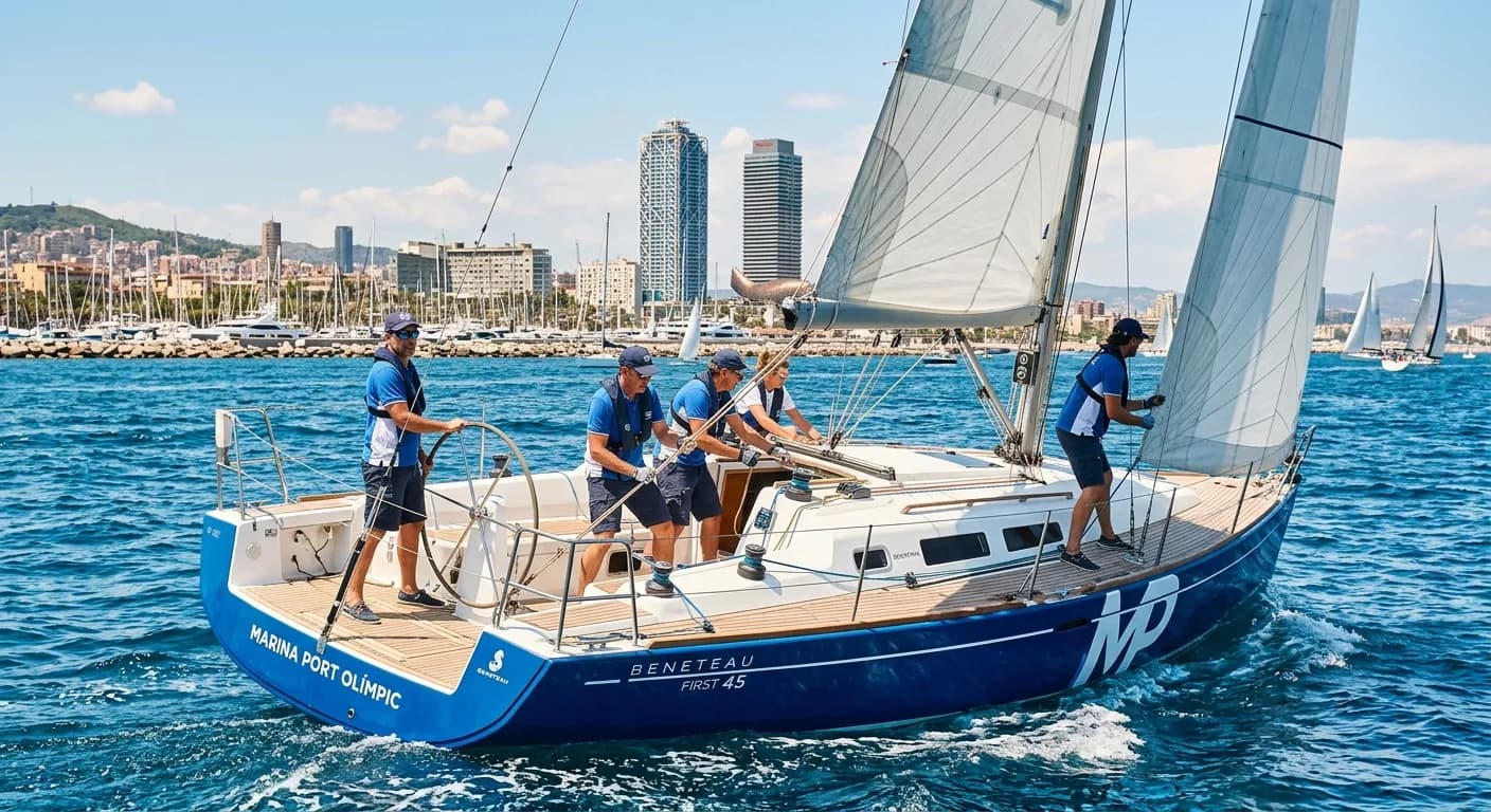 Corporate team sailing a regatta yacht on the Mediterranean off Barcelona