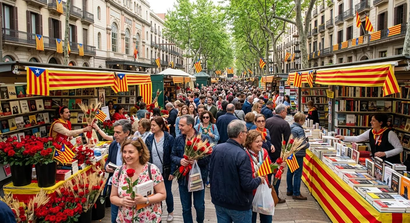 Sant Jordi rose and book stalls on the Rambla in Barcelona with team visitors