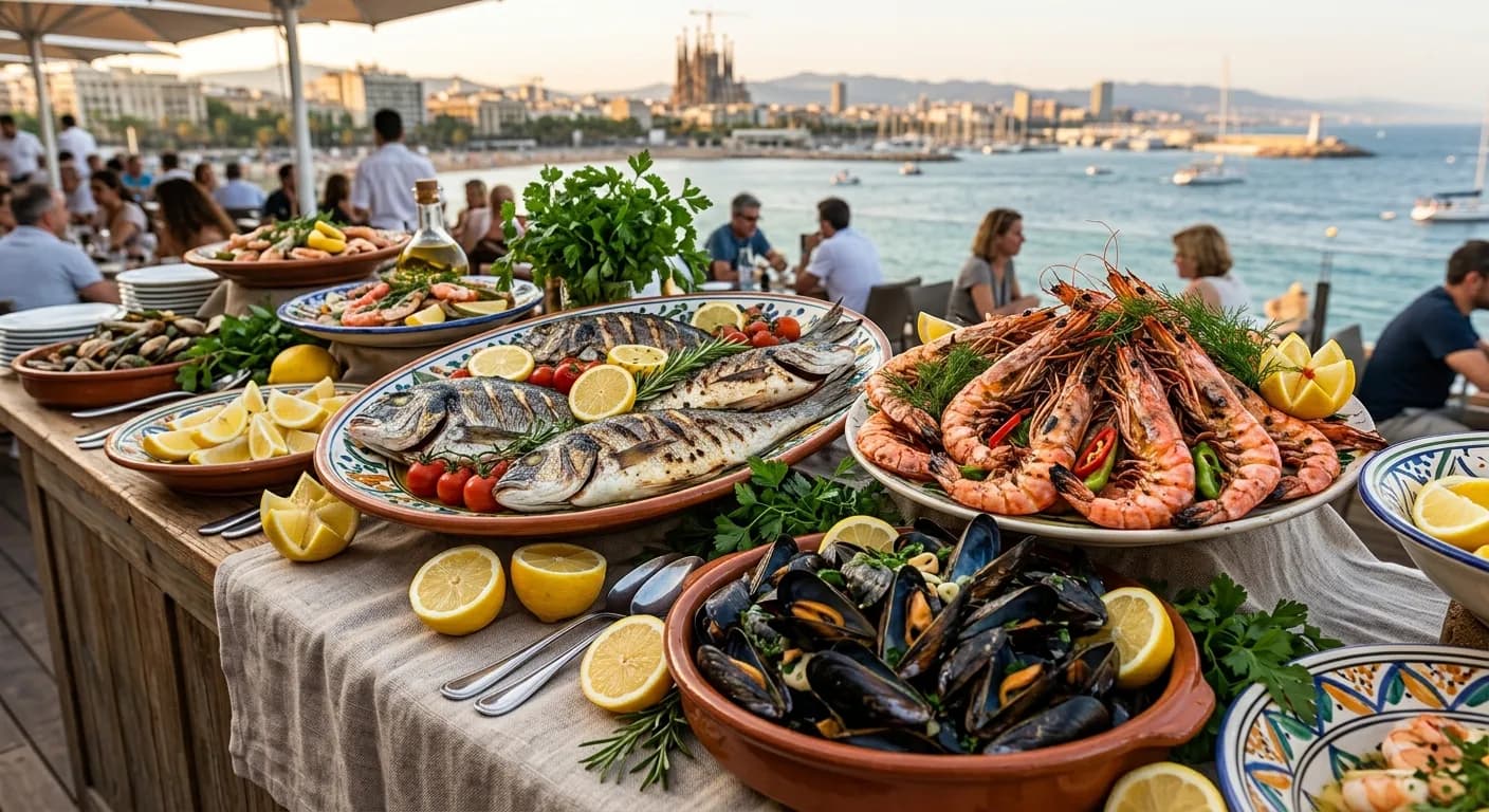Mediterranean seafood buffet with grilled prawns and fideua at a corporate event in Barcelona