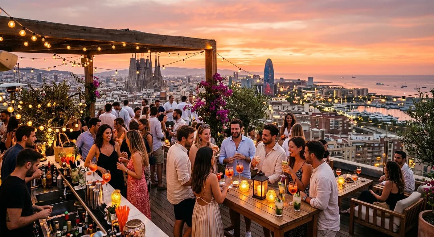 Corporate summer rooftop party in Barcelona with Mediterranean sunset views
