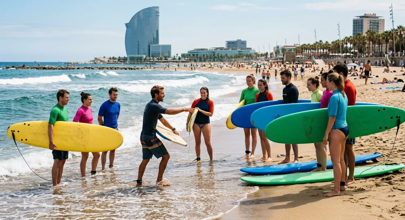 Corporate team taking a surf lesson on Barceloneta beach Madrid