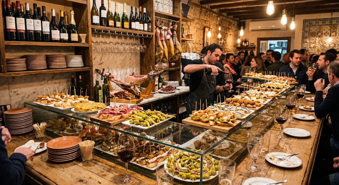 Corporate team on a guided tapas tour in El Born Madrid sharing pintxos and wine