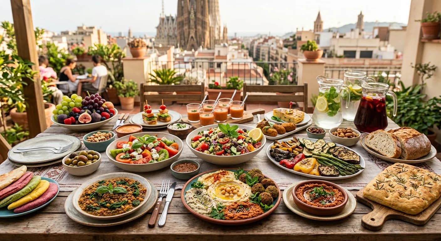 Mediterranean vegan catering buffet at a corporate event in Barcelona with plant-based tapas