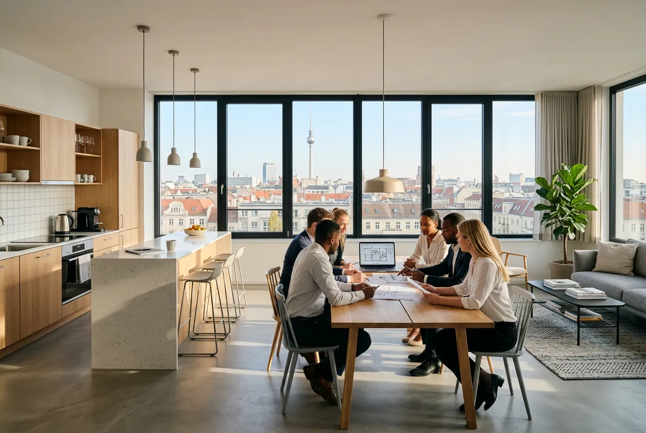 Modern serviced apartment interior in Berlin with kitchenette for corporate team stays