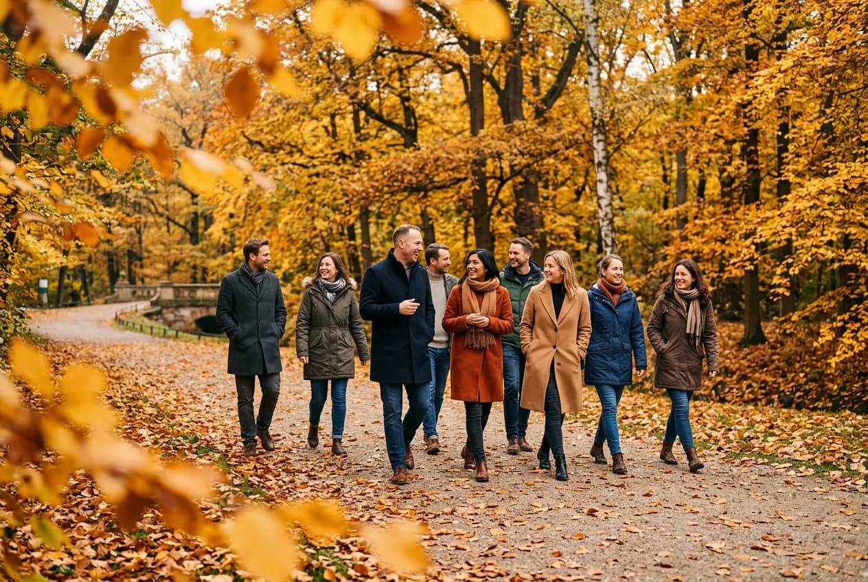 Corporate team on an autumn retreat walk through Berlin Tiergarten with golden foliage