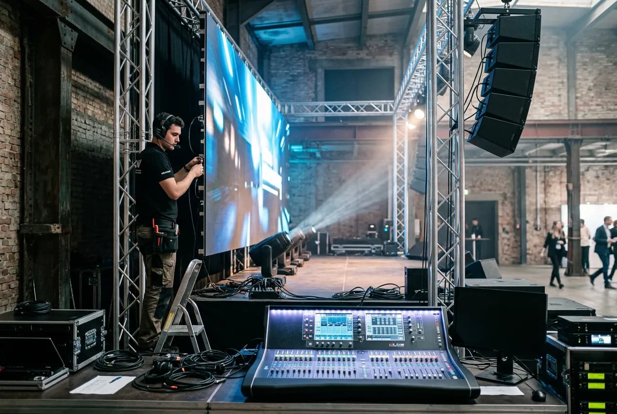Audio-visual technician setting up projector and sound system at a Berlin corporate event