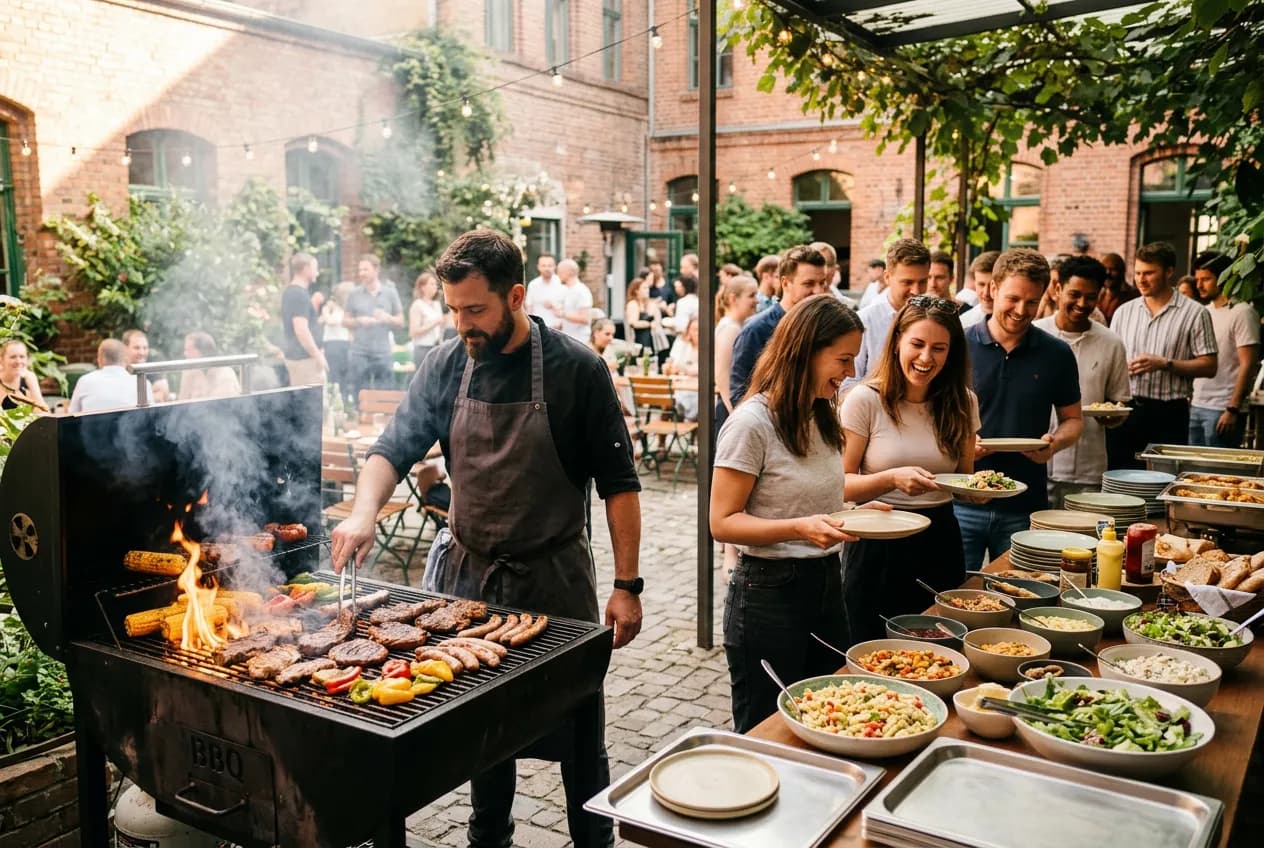 Corporate BBQ and grill buffet at an outdoor team event in Berlin with a chef grilling