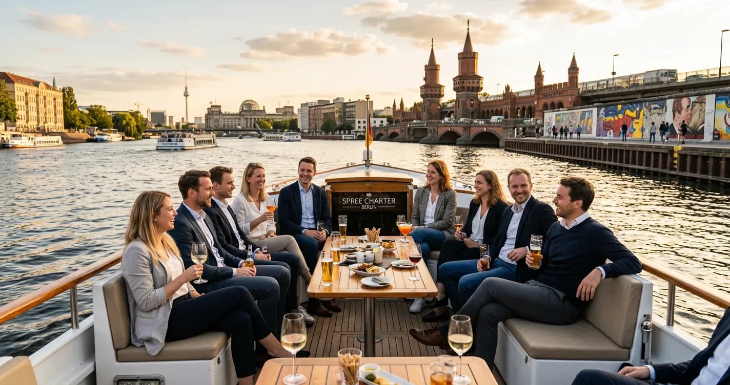 Corporate team on a boat tour along the River Spree in Berlin passing historic buildings
