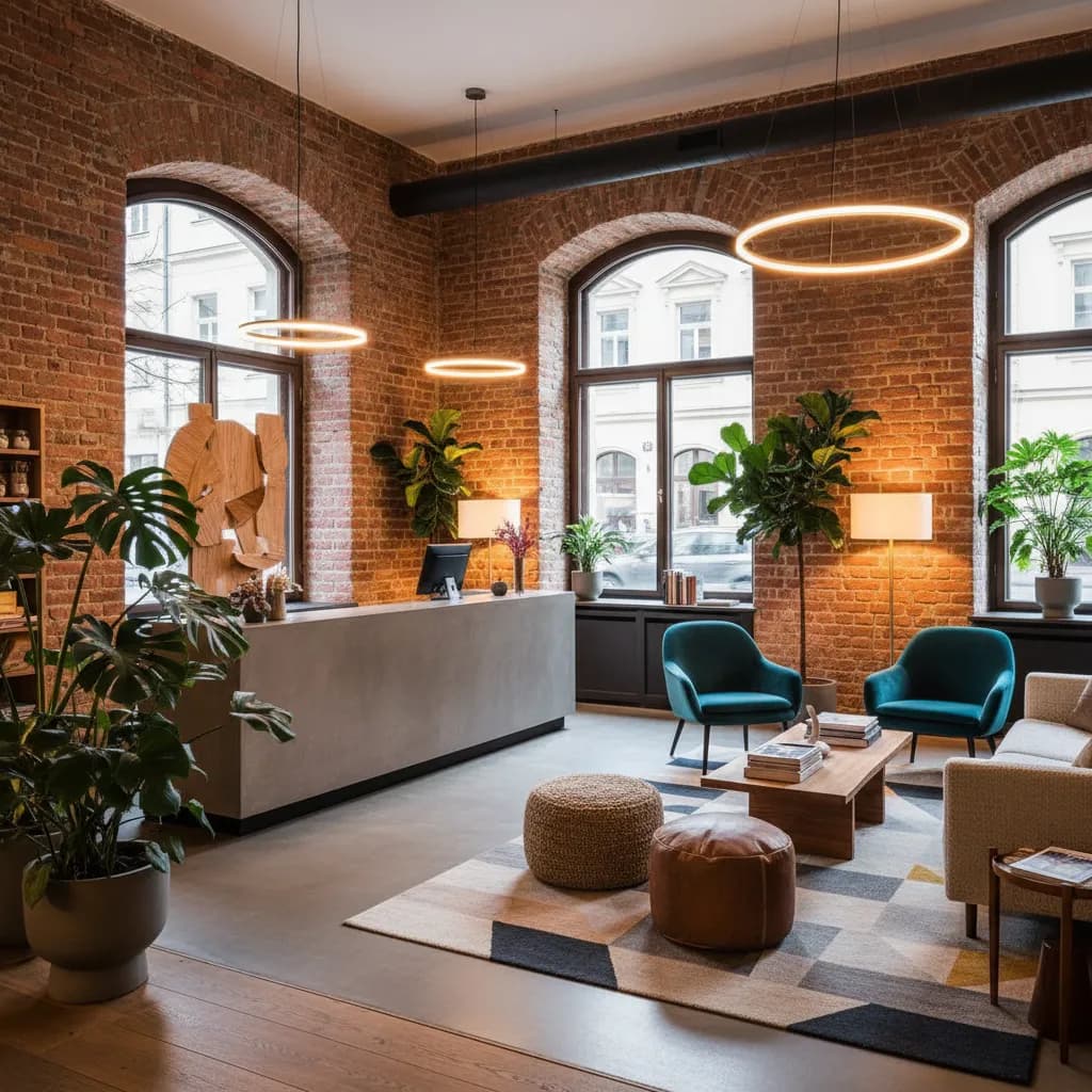 Stylish boutique hotel lobby in Berlin with design furniture and warm lighting