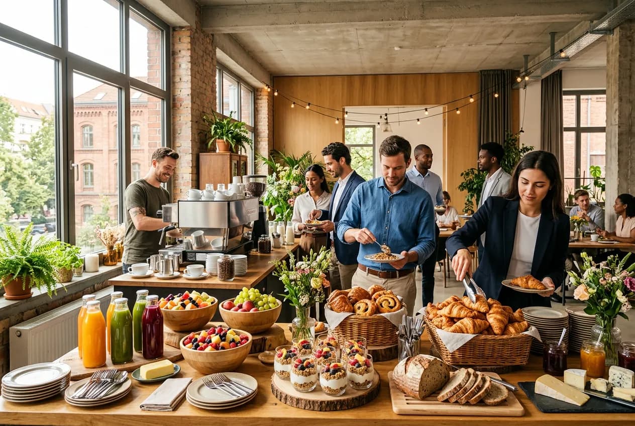 Corporate brunch catering spread with fresh pastries and coffee in a Berlin loft venue