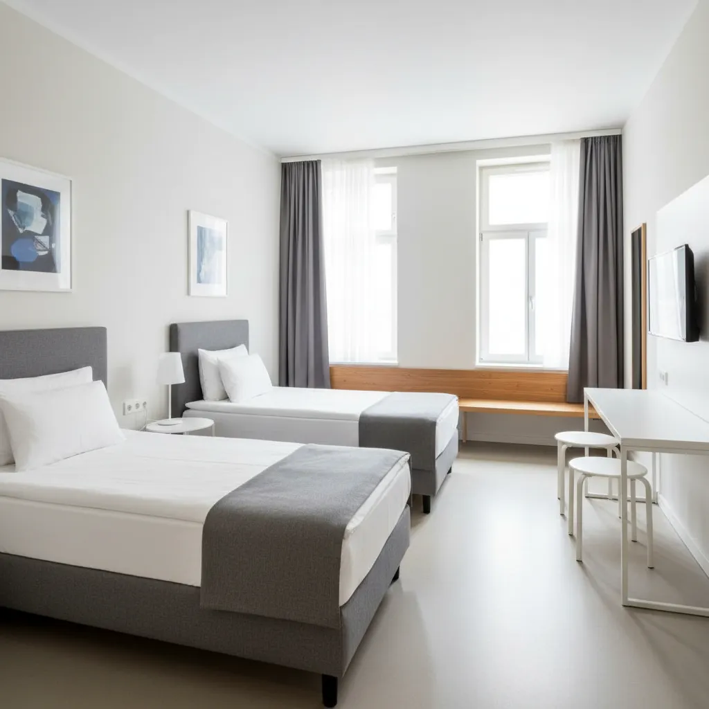 Clean modern budget hotel room in Berlin ideal for team group bookings