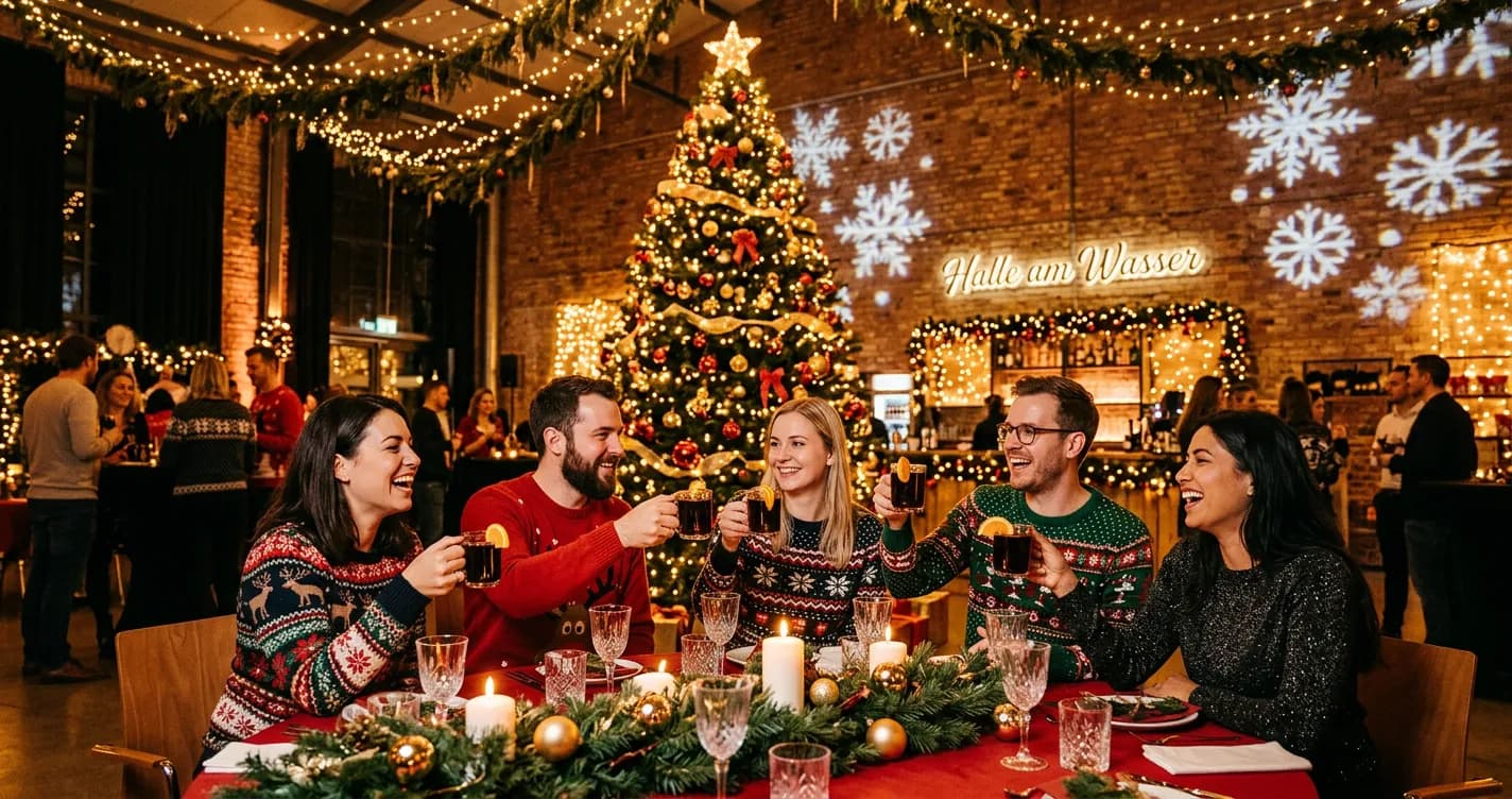 Festive corporate Christmas party in a Berlin venue with decorations and team celebrating